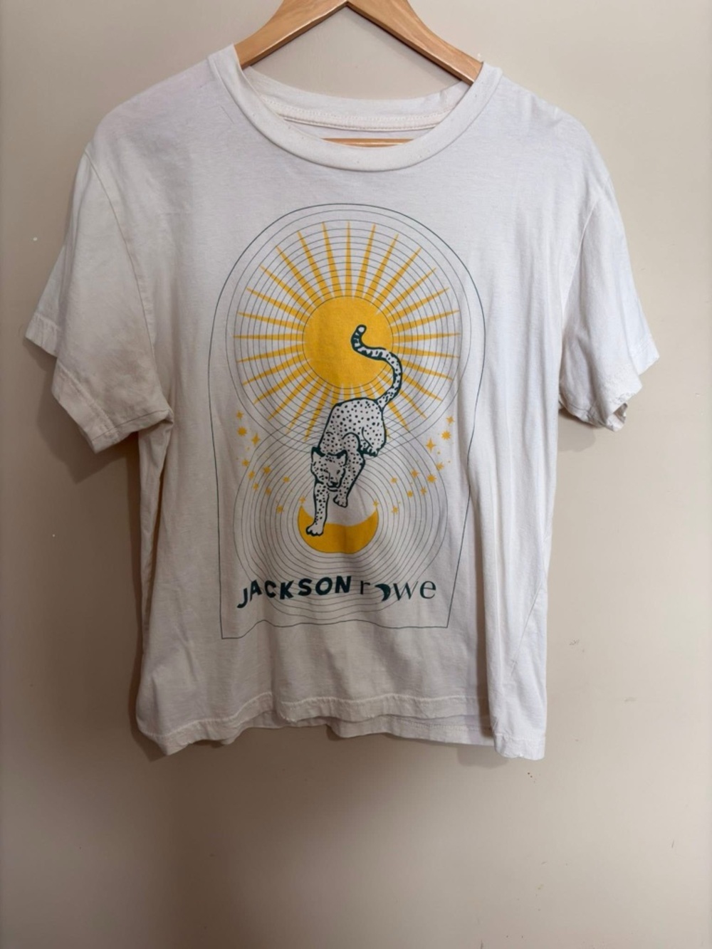 Jackson Rowe White Tee with Yellow Sunburst and Teal Leopard